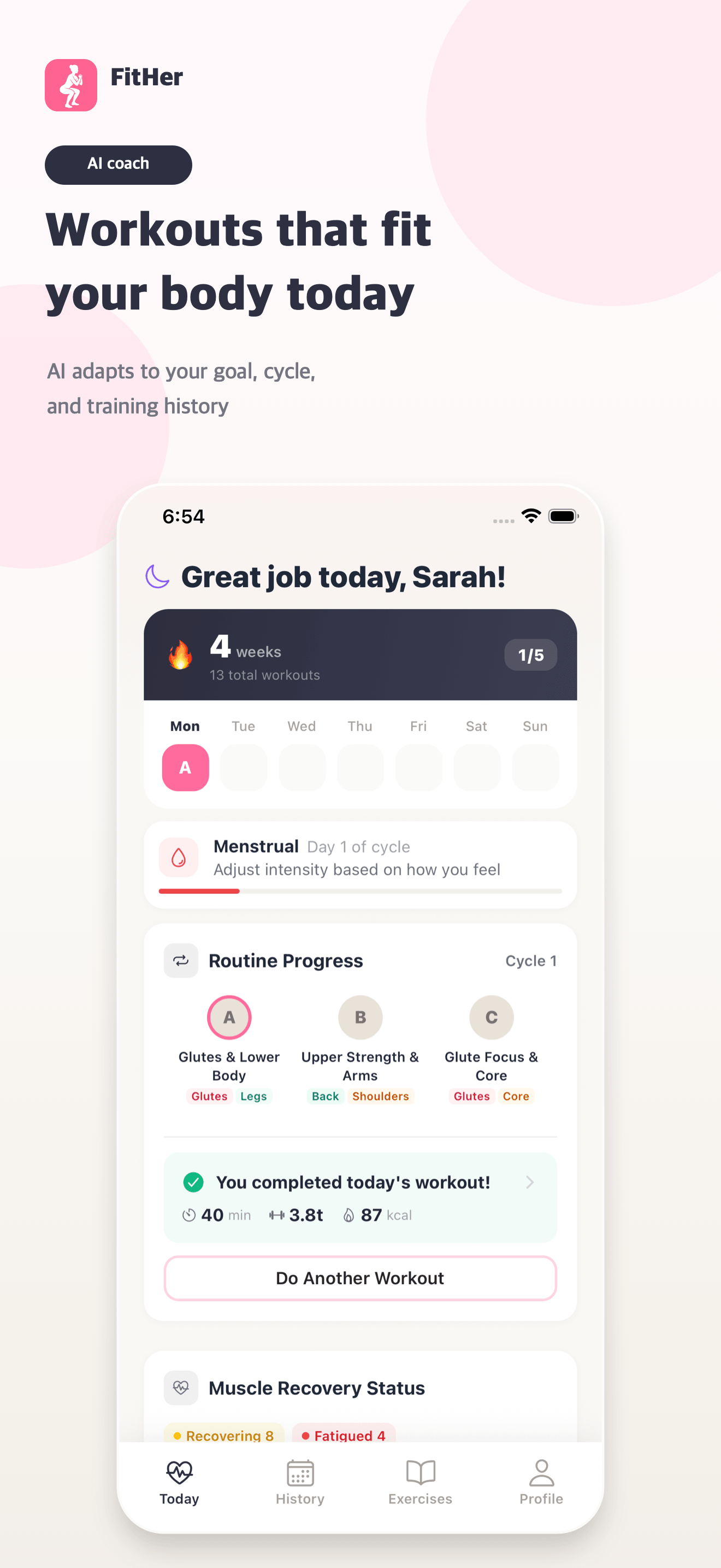 Today's AI-generated workout with cycle phase and routine progress