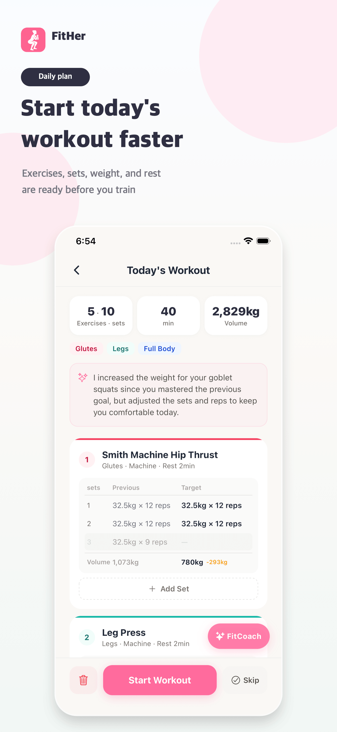 Workout screen with sets, reps and starting weight