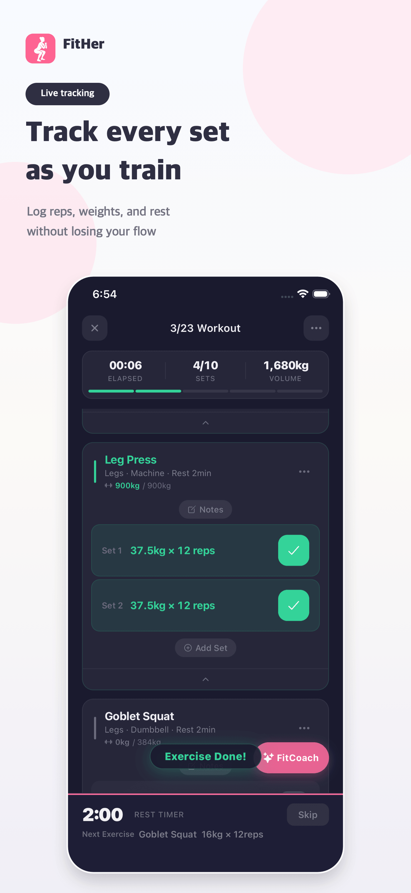 Live workout tracking with a rest timer